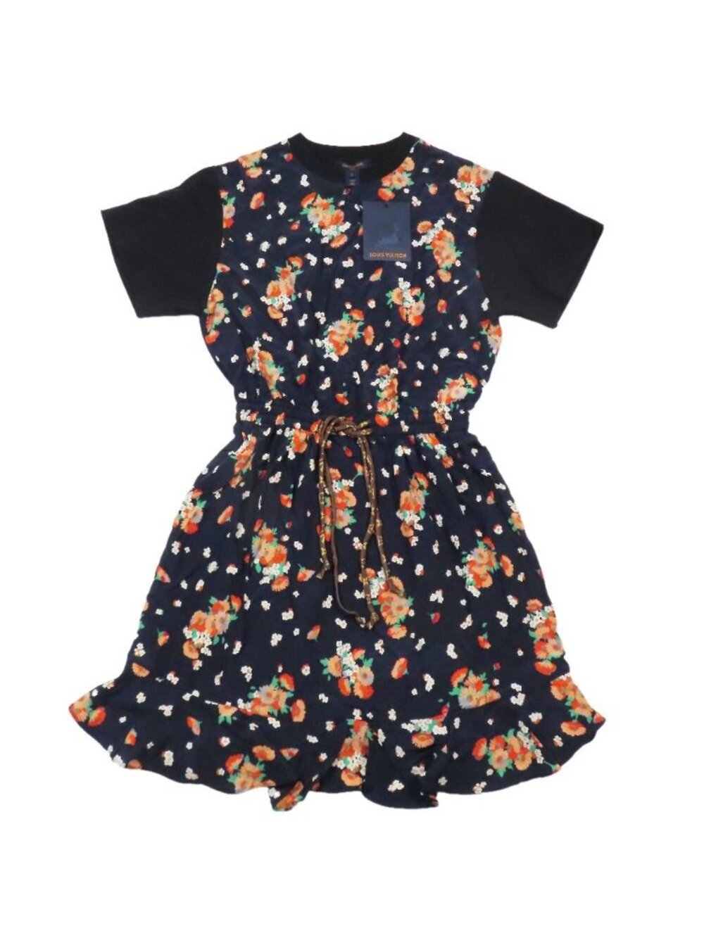 Louis Vuitton Floral Mini Dress Short Sleeve Tunic Monogram Drawstring Navy S